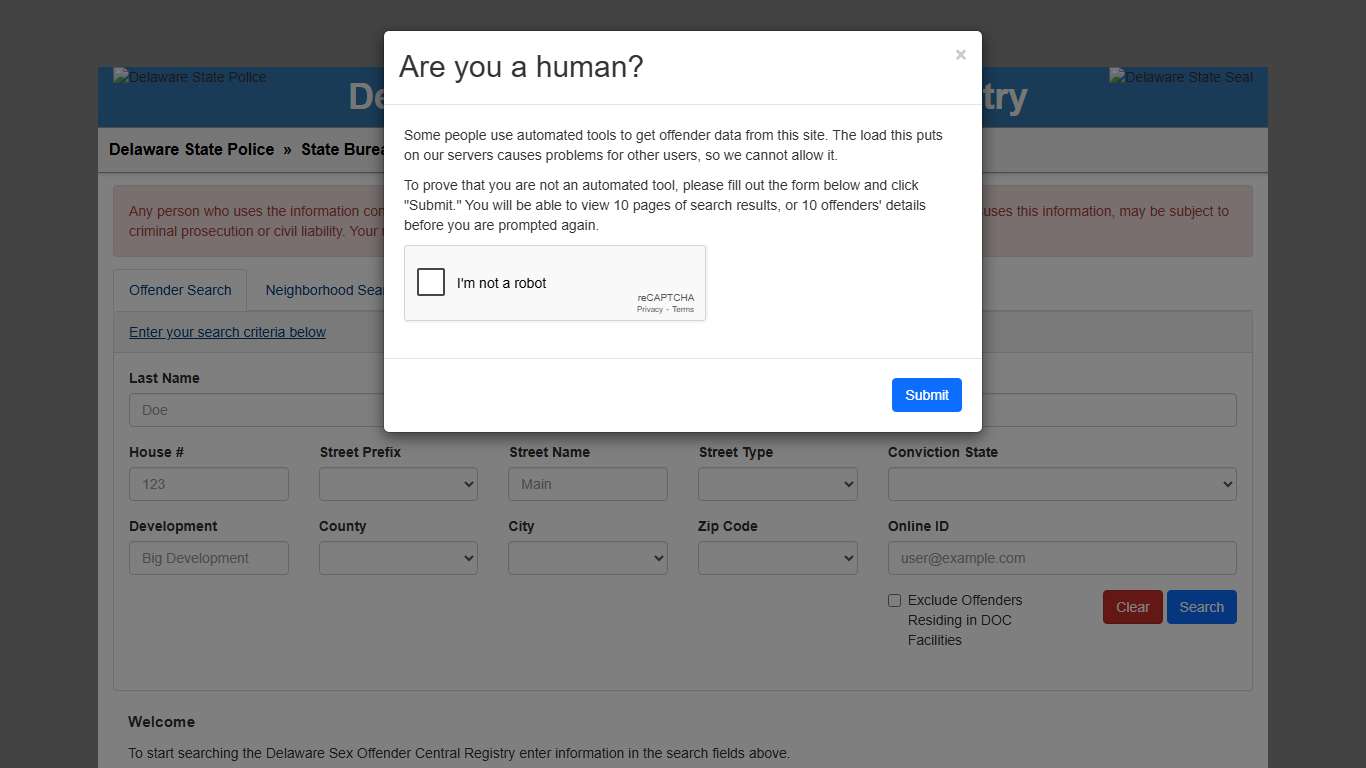 Offender Search - Sex Offender Registry - State Bureau of Identification - Delaware State Police